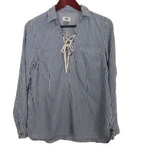 OLD NAVY Long Sleeve Lace-Up‎ Collared Blouse Top Size Small Blue Striped Shirt.